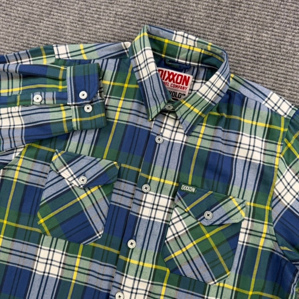 Dixxon Flannel Company Griswold Plaid Shirt Mens Large Green Blue Yellow D-Tech